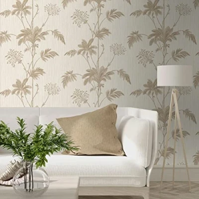 Image of Grasscloth Textured Floral Palm Leaves Vinyl Wallpaper Cream/Gold/Metallic Belgravia 2913