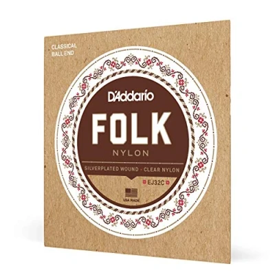 Image of D&#039;Addario Guitar Strings Folk Nylon EJ32C Classical Core, Ball End Silver Plated Wrap, Clear Trebles