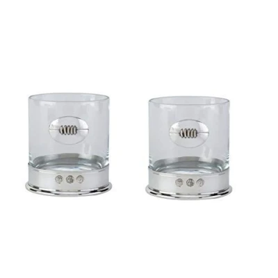 Image of Lead Free pewterware Mounted 12oz Whisky Glass with a Rugby Ball Emblem in Presentation Box of 1 or 2 Glasses (2)