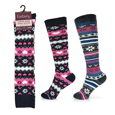 Image of undercover lingerie 2 Pairs Ladies Cotton Rich Knee High Socks SK238A Black/Grey