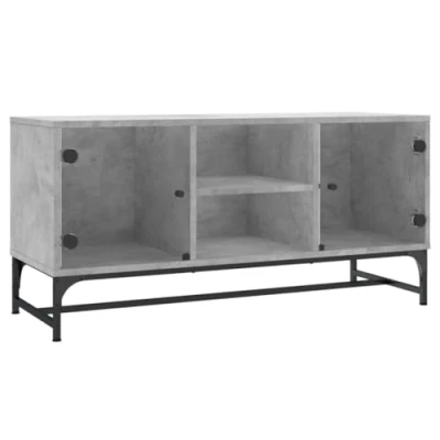 Image of vidaXL Concrete Grey TV Cabinet Engineered Wood Media Unit with Glass Doors, Storage Compartments, Steel Detail 102x37x50 cm for Living Room