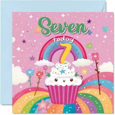 Image of 7th Birthday Card Girl Cupcake Rainbow Happy for 7 Year Old Girl, Age Girls Cards Seventh Card, 145mm x Bday Greeting