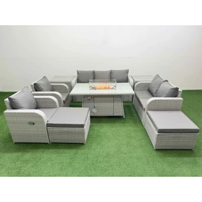 Image of Pe Rattan Garden Furniture Set Reclining Chair Sofa Double Love Seat 2 Seater Lounge Firepit Dining Table Big Footstool Side Light