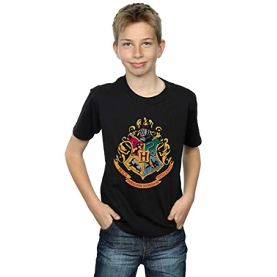 Image of Harry Potter Boys Hogwarts Crest Gold Ink T Shirt Black 5 6 Years