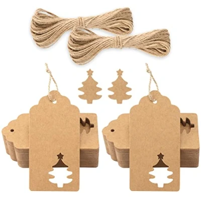 Image of jijAcraft Brown Christmas Hollow Tree Tags,10CM x 5CM Tags with String, 100PCS Rectangle Kraft Paper Labels Ideal for Crafts Hang