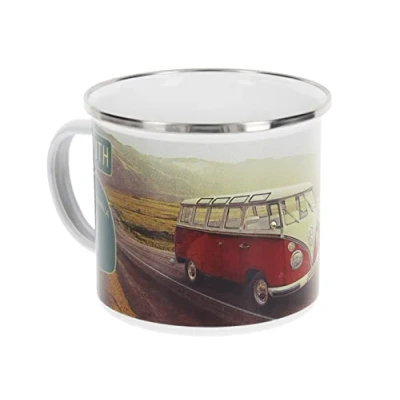 Image of BRISA VW Collection Volkswagen Large Enamel Coffee Tea Mug Cup for Camping &amp; Outdoor T1 Bus Campervan (500 ml/16.9 fl oz/Highway 1/Multicolor)