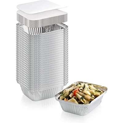 Image of Pack of 50 Aluminium Disposable Foil Food Container with Lids, Reusable Takeaway Containers, Great for Baking Roasting Cooking Storage, 14.5 x 12.5 4.5cm