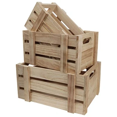 Image of BELLE VOUS Wooden Storage Crates with Handles (Set of 3) Rustic Small, Medium &amp; Large Size Decorative Wood Crate Natural Unfinished Home Basket Display Box