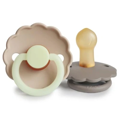 Image of FRIGG Daisy Night Natural Rubber Baby Pacifier Made in Denmark BPA Free (Portobello/Croissant, 0 6 Months) 2 Pack