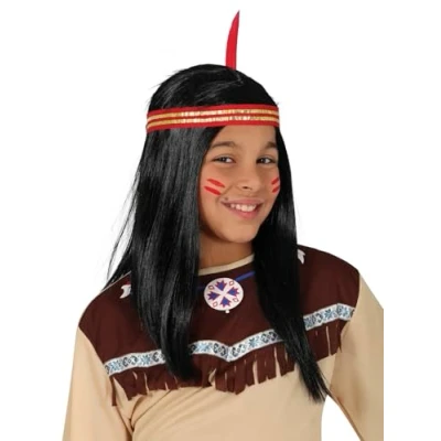 Image of FIESTAS GUIRCA Indian Mane Wig Children (One Size) Unisex Fancy Dress Accessory for Themed Parties and Carnival Ideal Boys Girls Black
