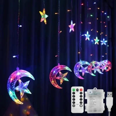 Image of Jsdoin Christmas Window Lights 3.5M LED Stars Moon Curtain String Fairy with USB+Battery Powered and 8 Flashing Modes for Christmas, Wedding Decoration(Multi Colored)