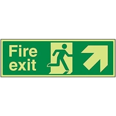 Image of V Safety Glow In The Dark Fire Exit Arrow Up And Right Sign 450mm x 150mm Rigid Plastic
