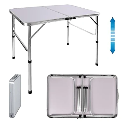 Image of Table 90 x 60cm Folding Camping Garden Picnic 2 Adjustable Height 67/37cm Lightweight Aluminum Frame Foldable Dining Outdoor BBQ Beach Tables 3FT Fold in Half Table, White