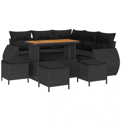 Image of vidaXL 9 Piece Garden Sofa Set with Cushions Black Poly Rattan Acacia
