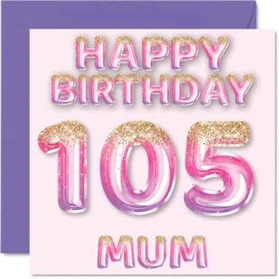 Image of 105th Birthday Card for Mum Pink &amp; Purple Glitter Balloons Happy Cards 105 Year Old Mother from Son Daughter, 145mm x Bday Greeting Gift