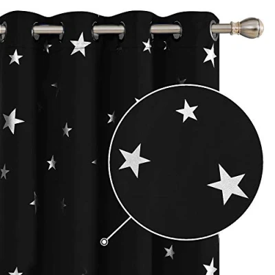Image of Deconovo Thermal Insulated Star Printed Eyelet Blackout Curtains Bedroom 52 x 54 Inch Drop Black 1 Pair