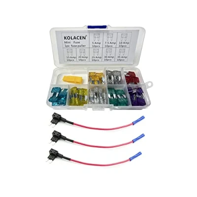 Image of KOLACEN Automotive Car Truck Mini Blade Type Fuse Assorted Kit 81 Pieces + 3 16 Gauge Add a circuit TAP Adapter