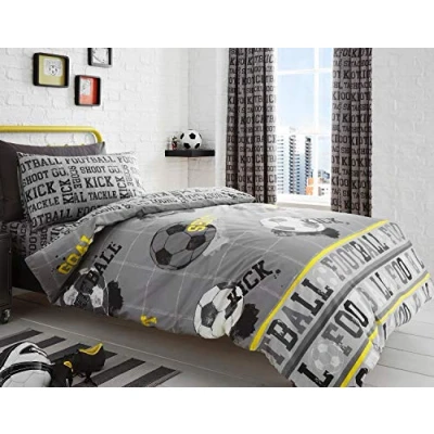 Image of Bedlam Football Childrens Duvet Cover Set Single Bed Size Grey &amp; Yellow Bedding