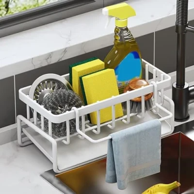 Image of Kitchen Sink Organiser, 1PCS Caddy, Caddy with Drain Tray, Sponge Holder Organizer, Dishcloth Hanger, Cleaning Organiser for Storage, White