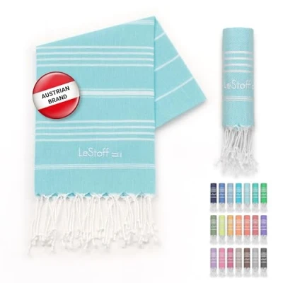 Image of LeStoff Premium Hammam Towel 100% Organic Cotton Pre washed Sustainable Absorbent &amp; Quick drying Beach, Bath, Shower, Yoga, Spa Travel (50 x 100 cm, Light Aqua)
