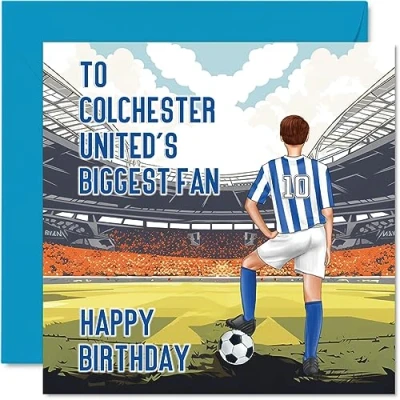 Image of Football Birthday Card for Colchester Fans Biggest Fan Fun Happy Son Dad Brother Uncle Colleague Friend Cousin, 145mm x Footy Footie Bday Greeting Cards