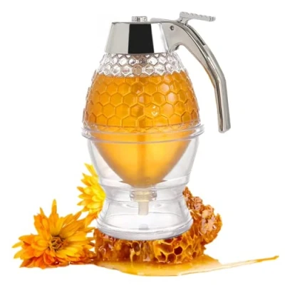 Image of TONGMAN Acrylic Honey Dispenser,Syrup Dispenser, with Stand Container ，Beautiful Honeycomb Jar, Great for Syrup, Sugar, Sauces, Condiments