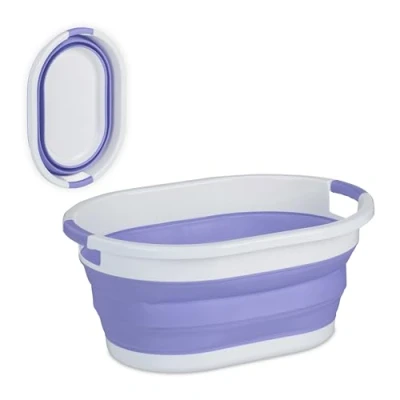 Image of Relaxdays Folding Laundry Basket, 36 L, Plastic Tub, Clothing, Collapsible Washing Storage, with Handles, Violet/White, 27.5 x 61 44 cm