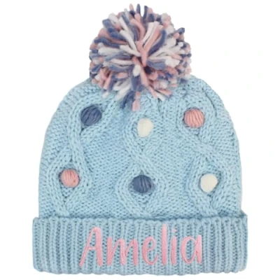 Image of TeddyT&#039;s Personalised Girl&#039;s Pastel Pom Cable Bobble Hat (Pastel Blue)