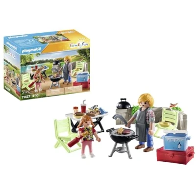 Image of Playmobil 71427 Family fun Barbecue, featuring a barbecue and cooking apron, camping, outdoor fun, enjoyment with the family, imaginative role play, playsets suitable for children ages 4+