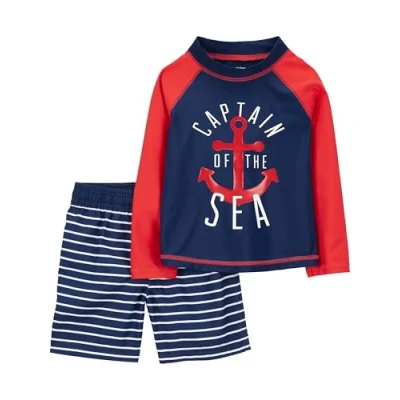 Image of Simple Joys by Carter&#039;s Baby Boys&#039; Swimsuit Trunk and Rashguard Set Rash Guard, Navy Red Anchor/White Stripes, 3 6 Months