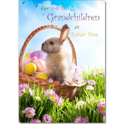 Image of doodlecards Grandchildren Easter Card Bunny in Basket Medium Size with Plain Envelope