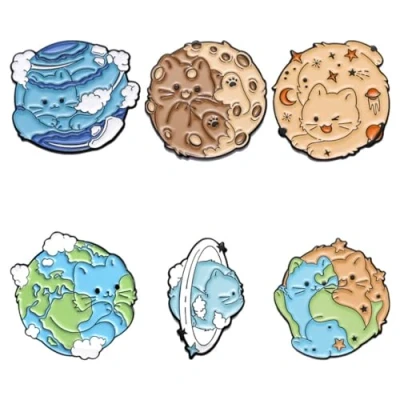 Image of Cat Brooch Set Environmental Protection Theme Planet Shape Hard Enamel Pins Cartoon Animal Badge Cute Collar Accessories DIY Crafts