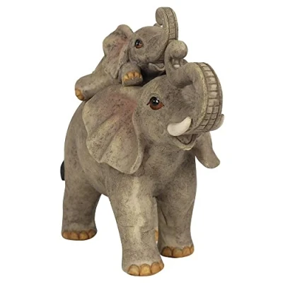 Image of Adorable Grey Resin Adventure Mother &amp; Baby Elephant Ornament 12.5cm x 13.5cm (1 Pc.) Charming Rustic Design, Durable Handcrafted Decor, Nature inspired Gift Ideal for Home Accessory