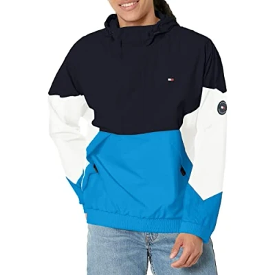 Image of Tommy Hilfiger Men&#039;s Retro Lightweight Taslan Popover Jacket Windbreaker, Navy/Bright Blue/White, XXL