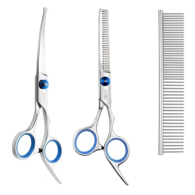 Image of Elfirly Dog Grooming Scissors Set with Safety Round Tip (2 Pack Curved Thinning Shears for Grooming) Pet Comb Dogs and Cats