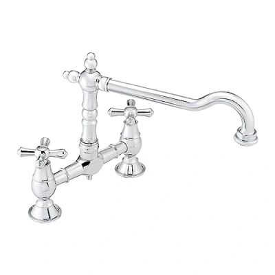 Image of ENKI, Langley, KT113, Chrome, Traditional Bridge Kitchen Sink Mixer Tap for Basin, Brass Construction, with Twin Levers &amp; Swivel Spout Perfect Double Bowl Sinks, Compression Valves