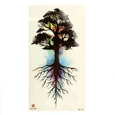 Image of 1 x Tree XL Tattoo in black with colorful watercolor background Temporary Body XQB099 (1)
