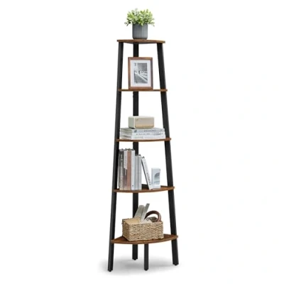 Image of VASAGLE Corner Bookcase 5 Tier Shelf Ladder Storage Unit Plant Holder for Living Room Industrial Style with Steel Frame, Rustic Brown and Black LLS35X