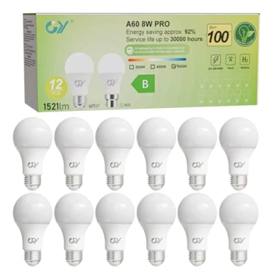 Image of GY E27 LED Cool White 6500K Bulb,A60 8W 1521LM Energy Saving Bulb, Efficiency Class B, Replaces 100W Halogen Bulbs, 360 Beam Angle, Non dimmable, 12 PCS