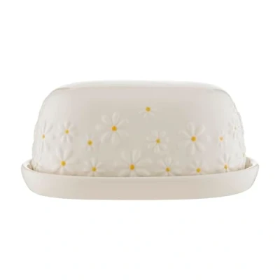 Image of Price &amp; Kensington Daisy Butter Dish Ceramic Keeper with Embossed Design Hand Painted Yellow Centre Cream Glaze Kitchen Storage