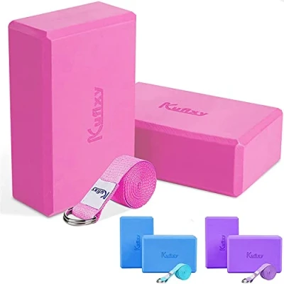 Image of Kufixy Yoga Blocks Set of 2 with Strap EVA Foam Soft and Sturdy Non Slip Lightweight Brick for Balance Stretching Pilates Meditation Deep Flexible Poses 23 x 15 7.8 cm