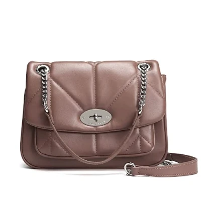 Image of David Jones Women&#039;s Crossbody Bag Quilted Girl Shoulder Chains PU Leather Clutch Messenger Medium Size Ladies Elegant Handbag Evening Party City Old Pink