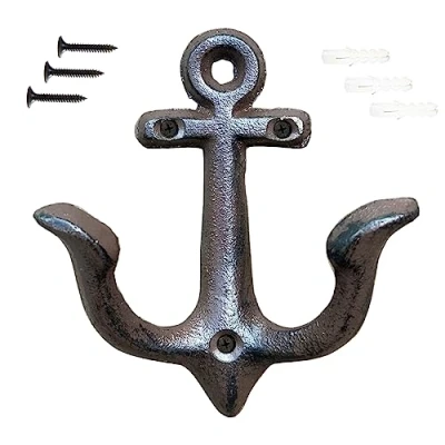 Image of KiaoTime (Rusty Brown) Vintage Rustic Cast Iron Nautical Anchor Design Wall Hooks Coat Rack, Decorative Mounted Antique Shabby Chic Metal Home Bath Room Towel Hanger