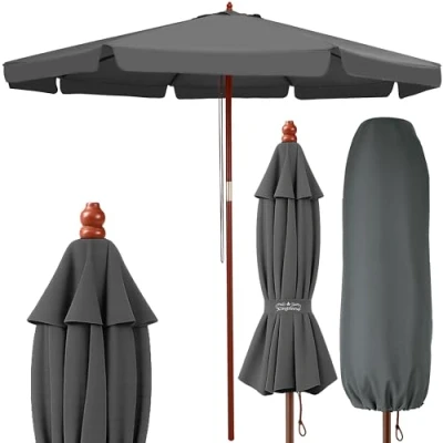 Image of Kingsleeve® 3.3m Wooden Parasol with UV Protection 80+ and Protective Cover Large 330cm Round Garden Patio Sun Umbrella Water Repellent Windproof Cable Pull Stable Anthracite