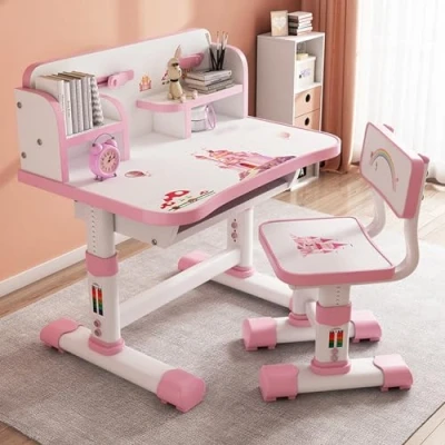 Image of lamphle Kids Desk and Chair Set,Height Adjustable Children School Study with Cartoon Pattern,Kids Functional Writing Set,Children Storage Drawer for Boys Girls Pink