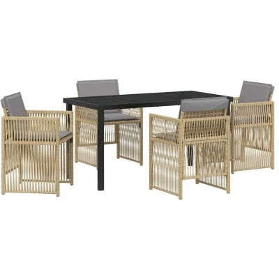 Image of vidaXL 5 Piece Garden Dining Set with Cushions in Beige Poly Rattan