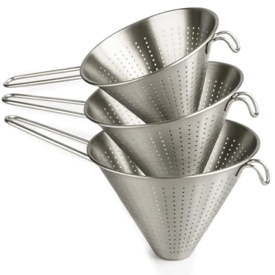 Image of Arga Set of 3 Perforated Chinese Strainer &#039;Chinese&#039; Colander Stainless Steel Silver Ø 14, 16 &amp; 20 cm
