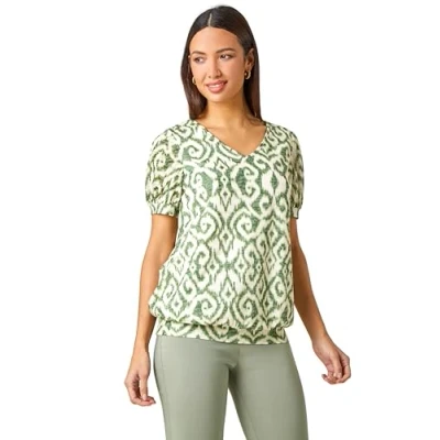 Image of Roman Originals Blouson Top for Women Ladies Stretchy Jersey Puff Sleeve Summer Smart Casual Office Work Spring Everyday Evening Vacation Holiday V Neck Green &amp; Natural Size 20