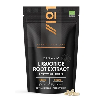 Image of Organic Liquorice Root Extract 500mg Standardised 5.5% Glycyrrhizic Acid Supplement 90 Vegan Capsules (3 Months Supply) Resealable and Recyclable Pouch by Alpha01