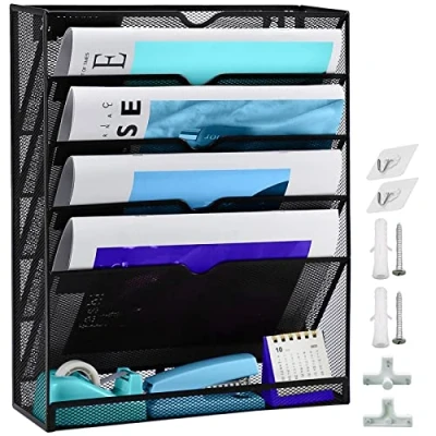 Image of HIHOBDAY 6 Tier Hanging Wall Magazine File Holder, Mounted Organiser, Mental Mesh Rack Hanging, A4 Office Organisers, Organizer Stationary Organiser for Home